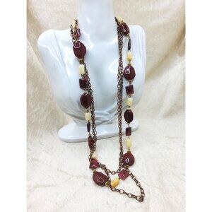 Vintage Long Brown & Yellow Beaded Necklace With Chunky Geometric Beads On Doubl